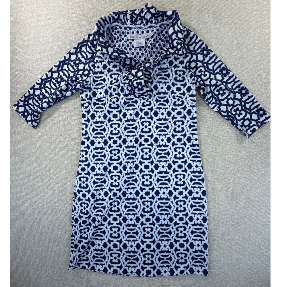 Gretchen Scott Women S Blue White Geometric 3/4 Sleeve Knee Length Preppy Dress